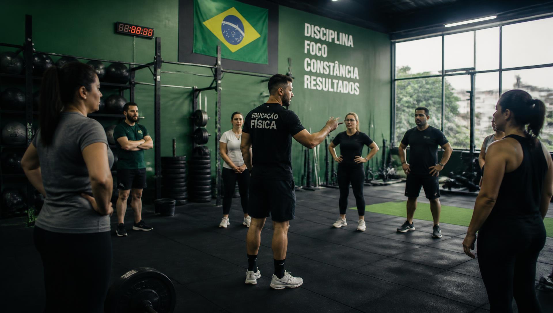 Profissional de Educação Física orientando uma turma em academia